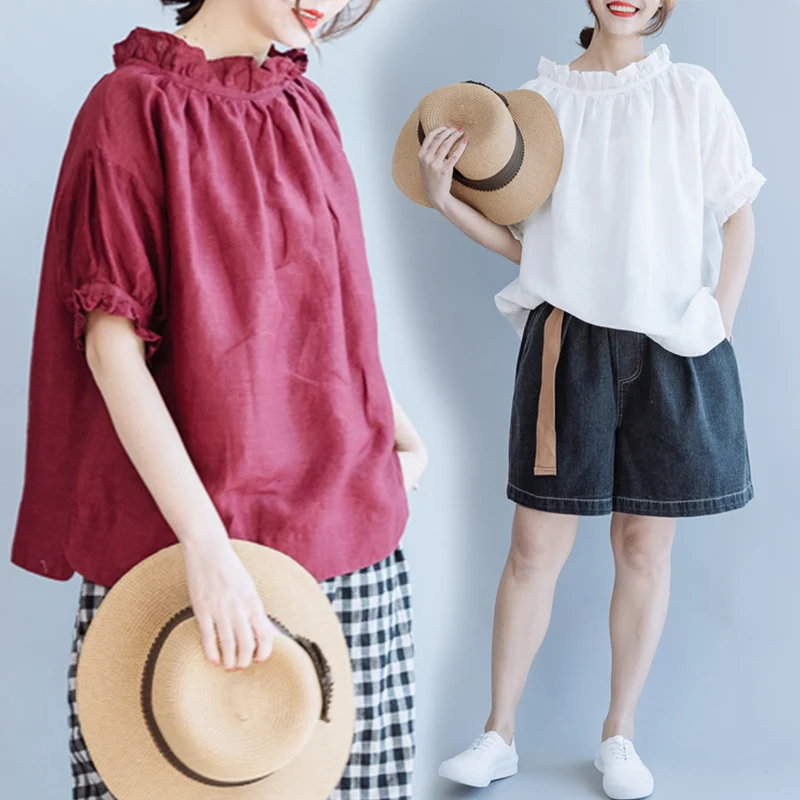 

Женская хлопково-льняная футболка больших размеров с кружевным воротником ort Sve Base irt Антивозрастной льняной топ для младших ...