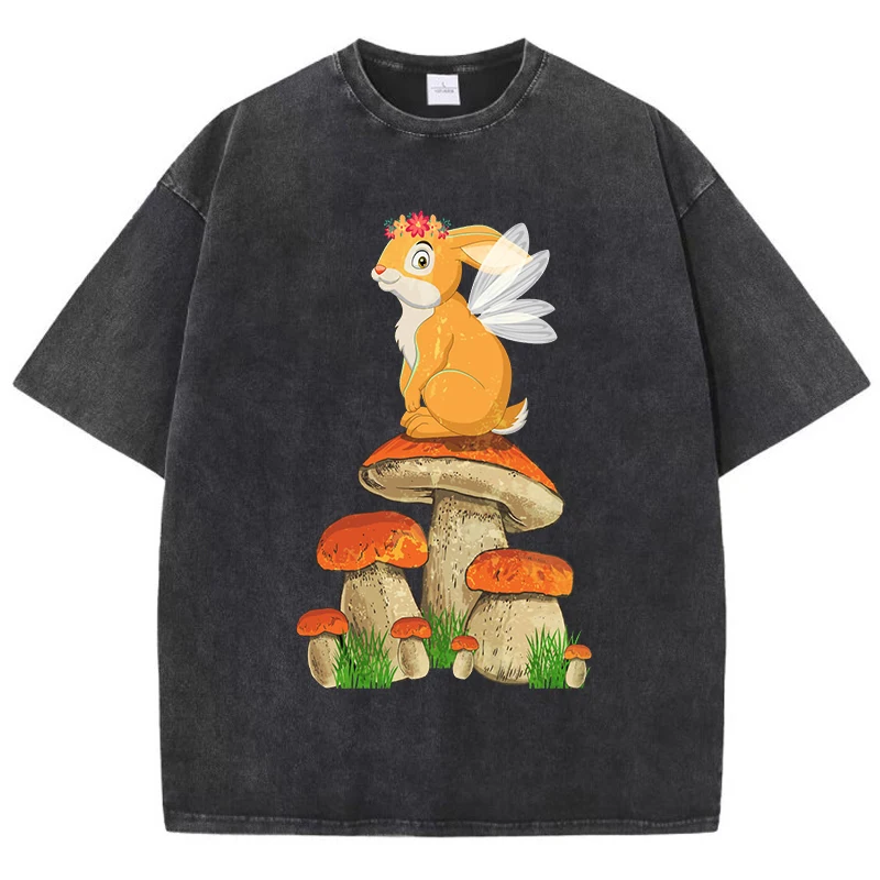 Cottagecore Ästhetische Pilz Frosch Druck Gewaschen T Shirt Frau Crewneck Y2K Kurzarm Sommer T-Shirt Baumwolle Streetwear
