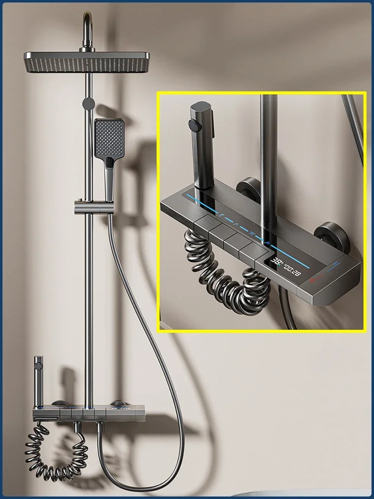 Temperature Display Rainlfall Bathroom Shower Set Smart Digital Bathroom Shower Faucet Set Grey Shower System with Ambient Light