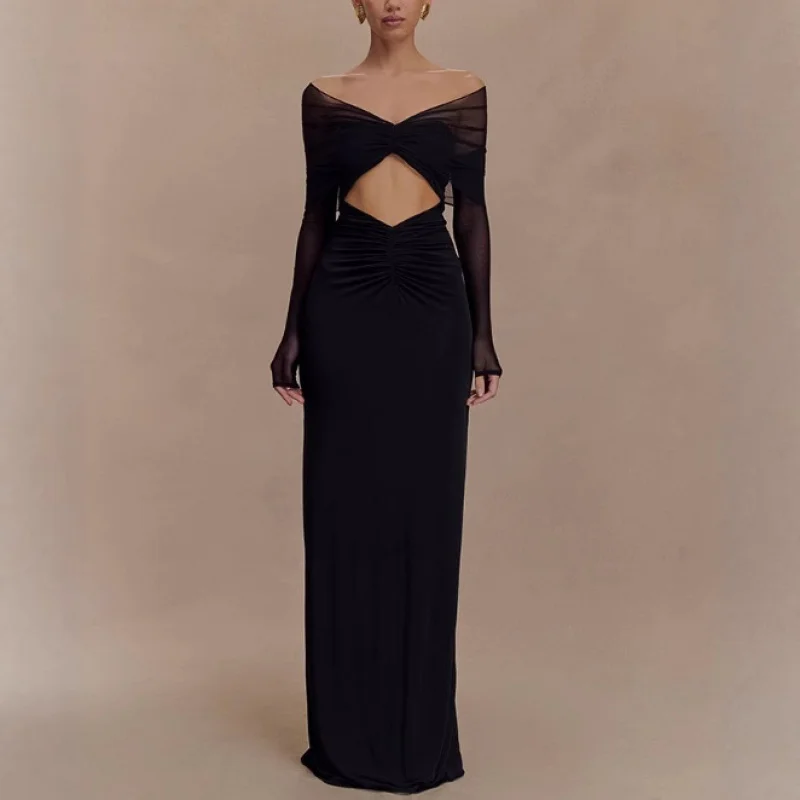 

European American Style Off-Shoulder Long Sleeve Slim Dress Hollow Mesh Fashion Patchwork New