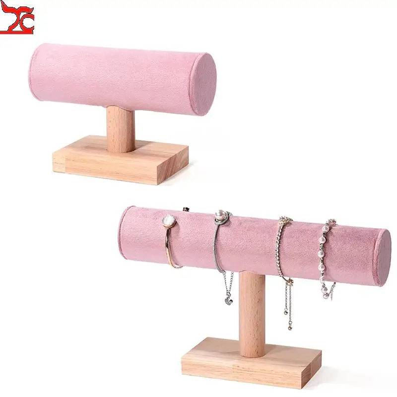 Solid Wood Pink Velvet Jewelry Display Stand Ring Earrings Storage Stand Bracelet Watch Display Stand