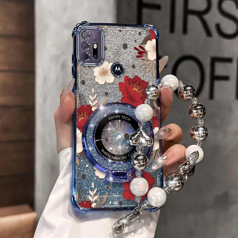 

G64 Red peony Plating Bracelet Holder Phone Case For Motorola G54Powe G84 G54 G64 G10 G71S G20 G82 G30 G52 G30 Cover