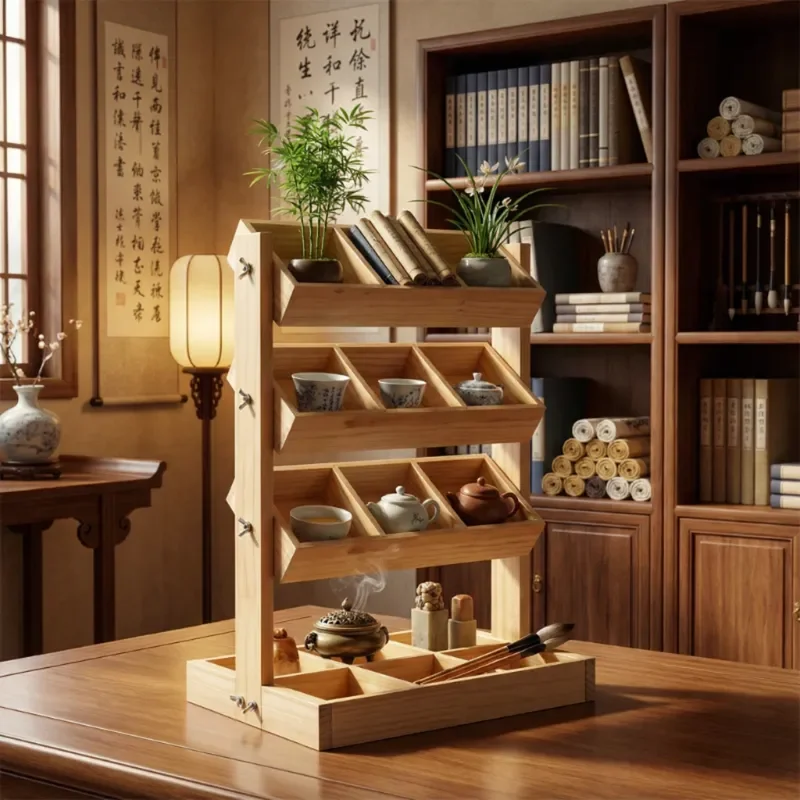 Solid Wood Vertical Inclined Storage Rack for Living Room Study Dorm Kitchen Sundries Candy Figure Blind Box Partition