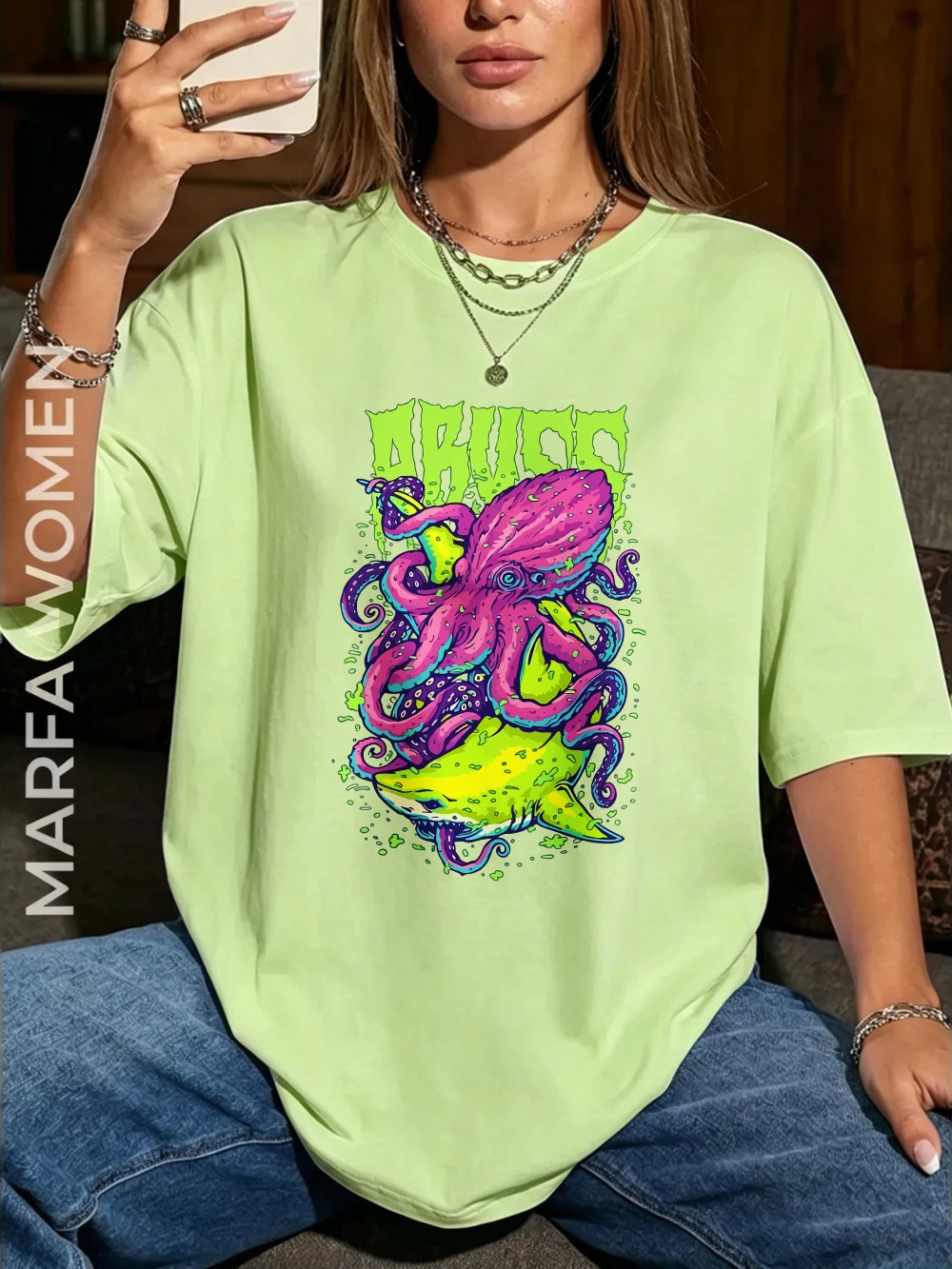 Abuzz Lila Tintenfisch Bedruckte T-Shirts Baumwolle Damen Sommer Kurzarm T-Shirts Weiche Basic Oversized Tops Lässige O-Neck Kleidung – Detail 17
