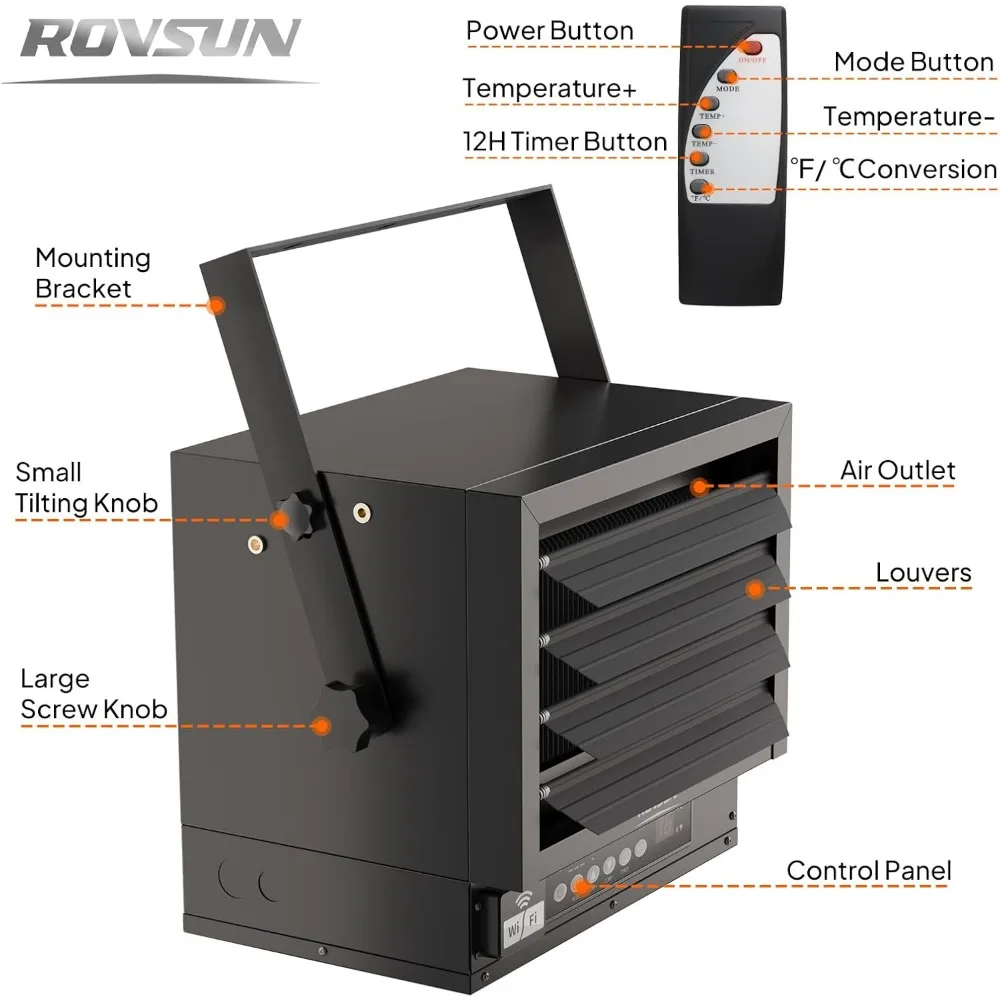 سخان رقمي بقوة 5000 وات مع جهاز تحكم عن بعد ومؤقت 12 ساعة وترموستات لتدفئة المرآب الكهربائي