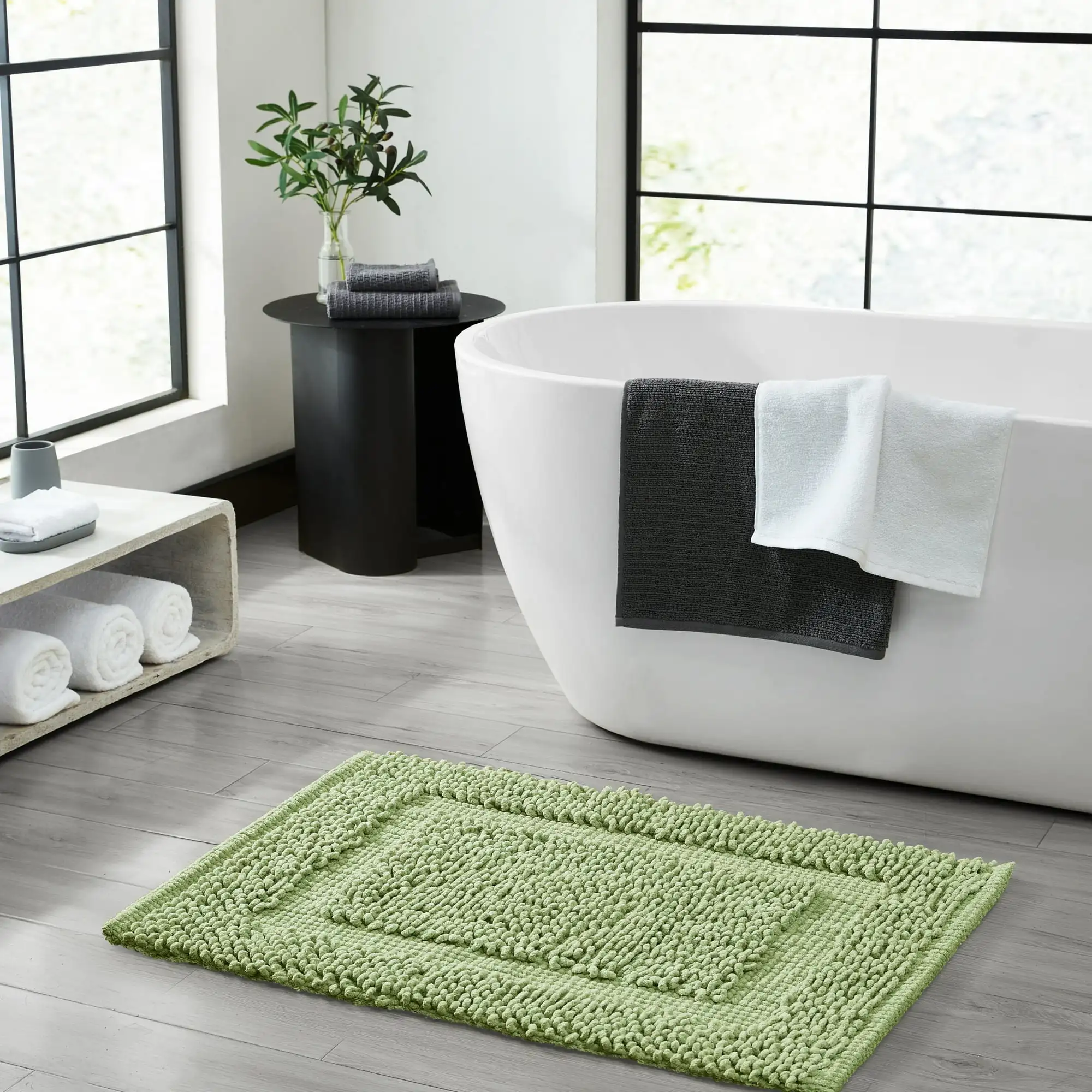 

Коврик для ванной из 100% хлопка New York Sophie Border — нескользящий коврик для ванной — Sage Green — 20 x 32 дюйма