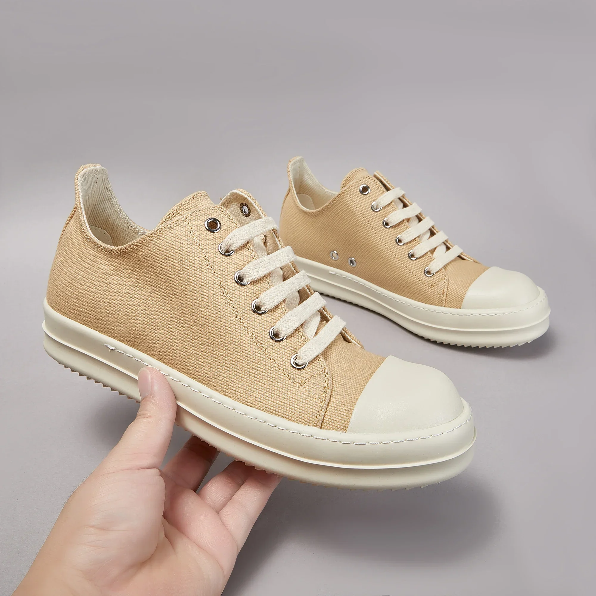 Designer Casual Women Sneaker Low Top Men Shoe Japanese Style Ricks Apricot Canvas Lace Up Owens Thick Sole Luxury Flat Shoe