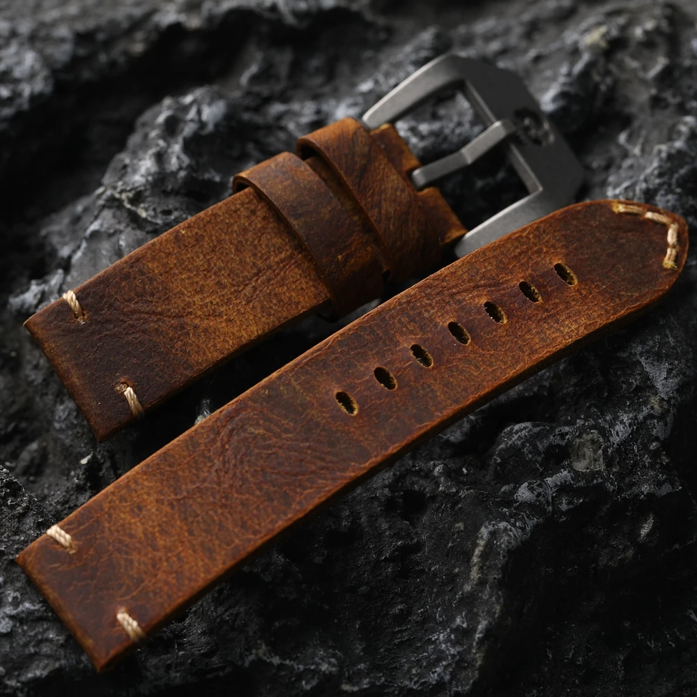 Vintage Men\'s Skull Cowhide Leather Strap, 24MM Thick Genuine Leather Strap, Vintage Brown, Fits PAM 111 44MM Dial Watch Bracele