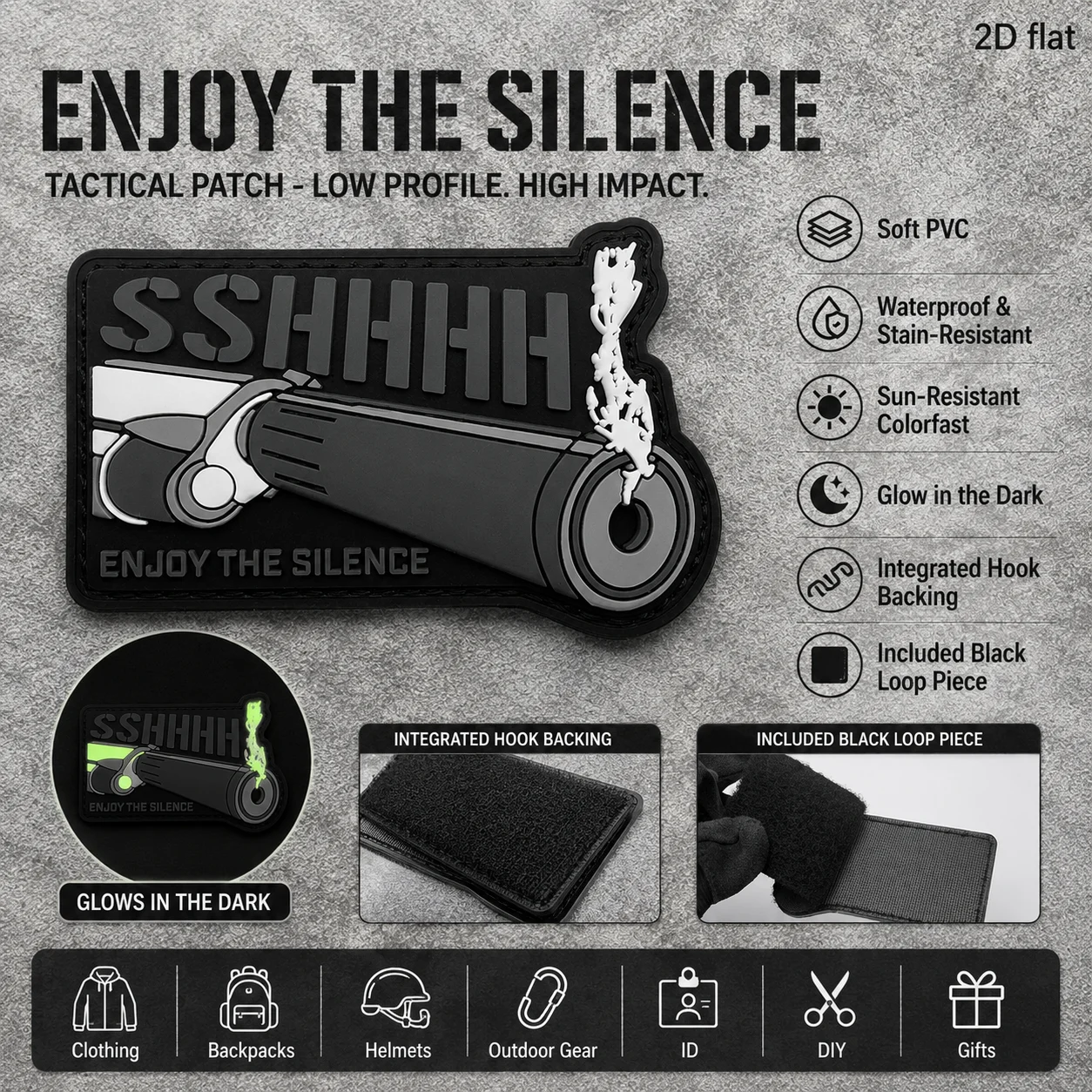 Simple black and gray English text pattern 2D flat PVC material, sound-absorbing device, luminous hook-and-loop fastener, resistant to tearing and non-adhesive, available in various sizes: 1pc, 2pcs, 3pcs. Comes with hook side and includes matching loop side fabric. Suitable for use on jackets, toolboxes, tactical luminous creative badges