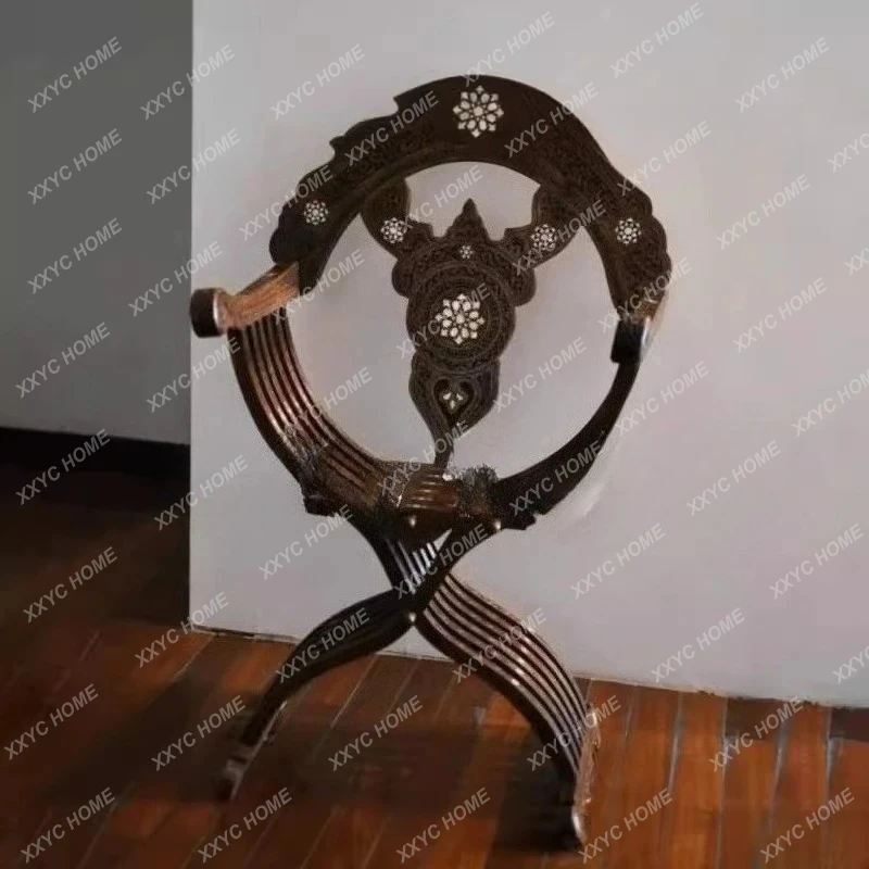 A Italian bed and breakfast balcony restaurant single solid wood carving flower classical chair art coffee armchair