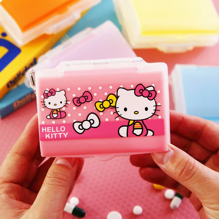 Hello Kitty Sanrio Portable Pill Box Kawaii Seven Compartment KT Cat Storage Box Travel Portable Double Layer Medicine Box Gift