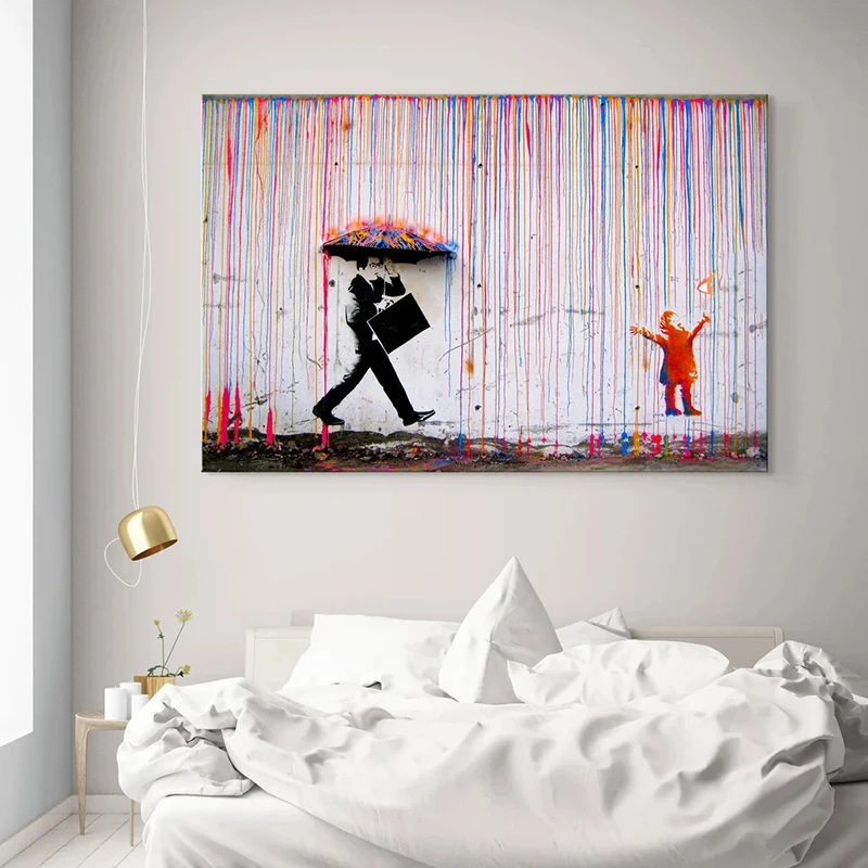 Rainbow Rain Street Art Graffiti Canvas Painting Banksy Wall Art Posters and Prints Pop Art Wall Pictures Living Room Home Decor