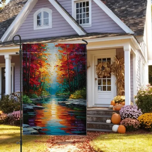 Autumn River Landscape Garden Flag, Colorful Fall Leaves Outdoor, 12x18 Inch RRI