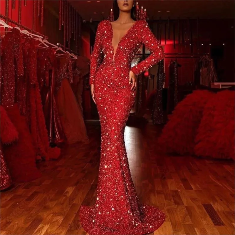 Women's Fashion Evening Gown Autumn Winter New Arrival Red Sparkly Mermaid Hem Long Sleeve V Neck Perfect For Formal Occasions