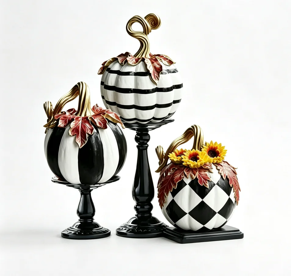 Elegant Black White Harlequin Striped Resin Pumpkin Statue Autumn Sunflower Maple Leaf Desktop Decor Farmhouse Thanksgiving