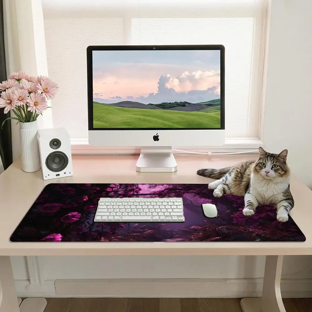Mystic Purple Floral Forest Desk Mat, Enchanted Vine Flower Large Extended Mousepad, Gaming & Trading Card Game Playmat