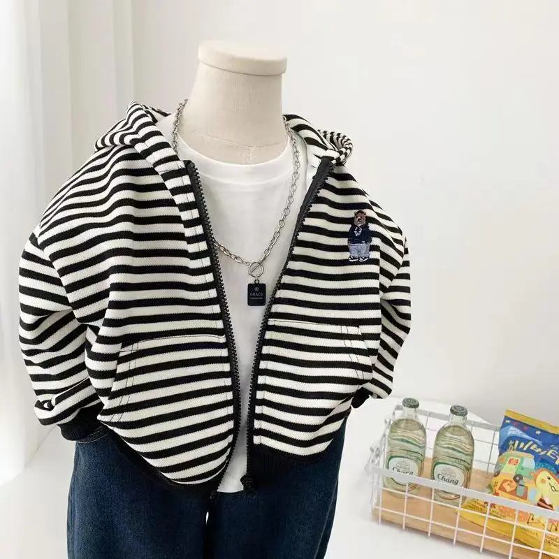 2-9Y Boys' Striped Zipper Jacket Spring and Autumn 2025 New Korean Children's Casual Hoodie Thin Cardigan Coat Baby Girl Clothes