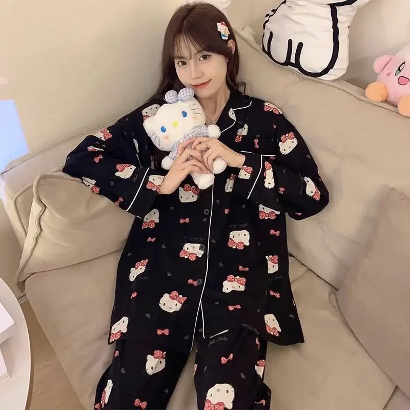 Pyjama imprimé Kawaii Sanurgente Hello Kitty pour femme, cardigan à revers chat KT, manches longues, pantalon, ensemble de vêtements d'intérieur 2 pièces, printemps, automne