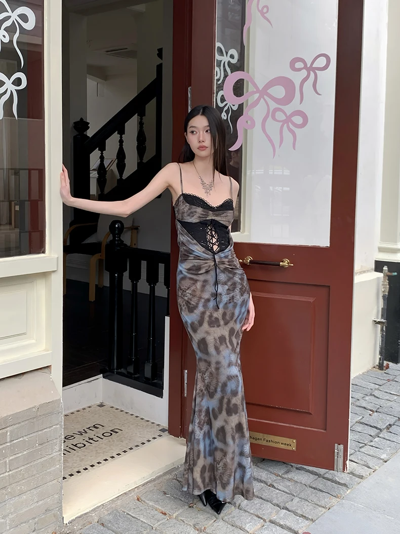 CHEERART Leopard Print Bodycon Long Dress 2025 Woman Summer Bandage Lace Tunics Ladies French Maxi Evening Dress Clothes