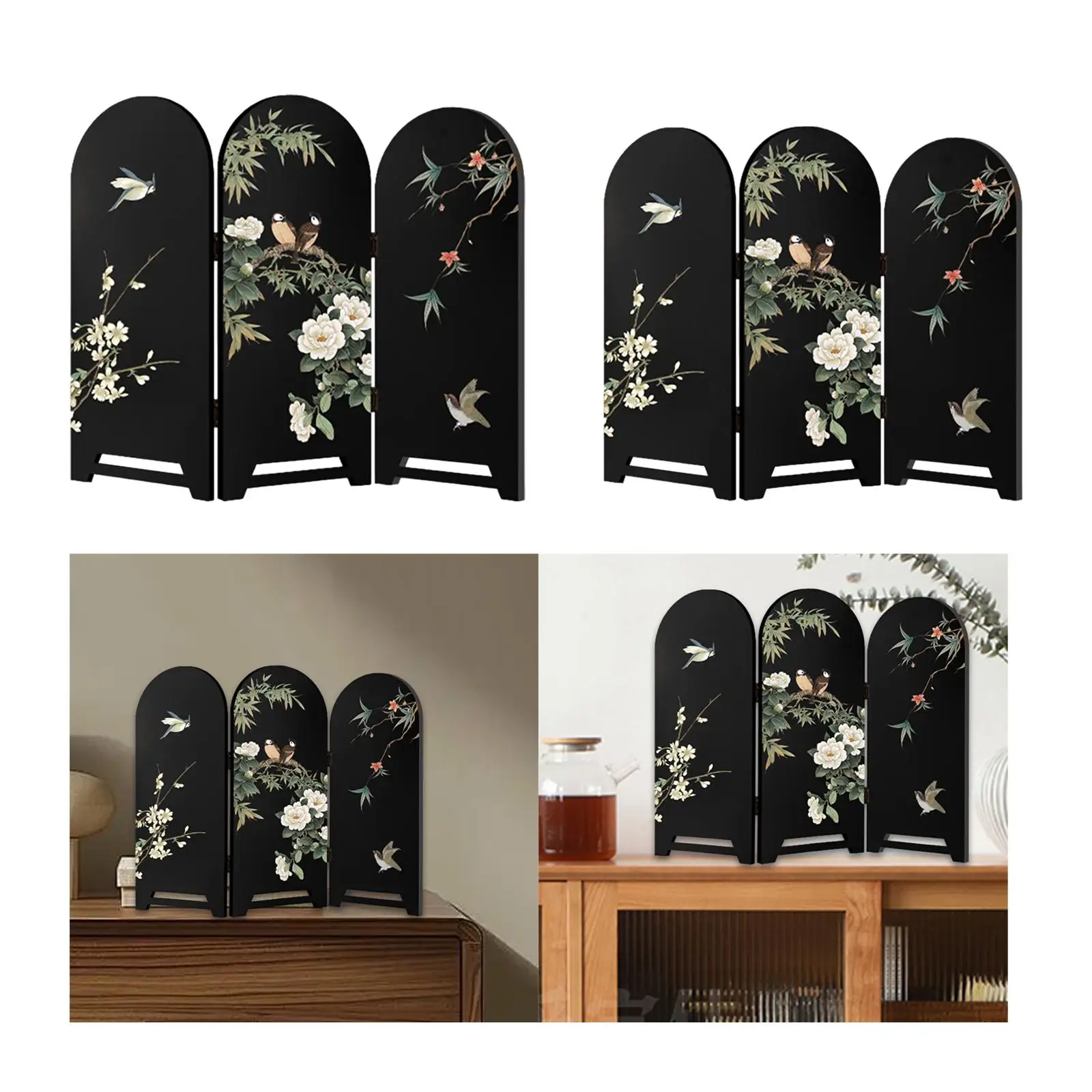 Small Folding Screen Desktop Chinese Style Wooden Room Divider Decorative Ornament Art Display for Entryway or Office
