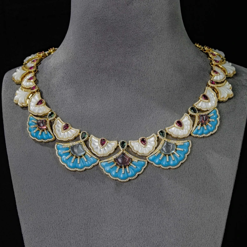 Cameo K Gold Plated White Shell Fan Shaped Collar Necklace For Women Enamel Blue Multicolour CZ Diamond Luxury Banquet Jewelry
