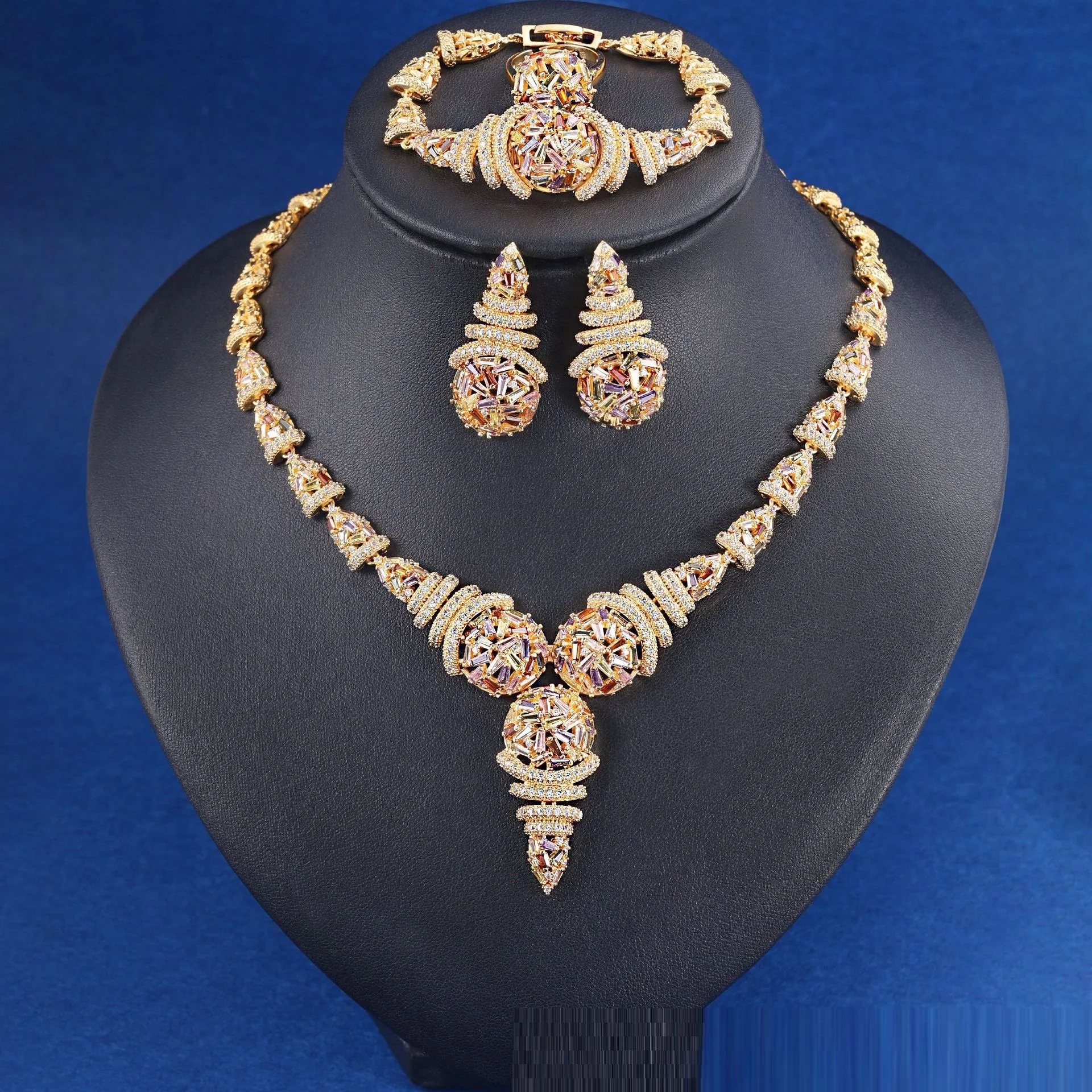Gold Tone Champagne Cubic Zirconia Jewelry Set for Women Wedding Luxury Crystal Necklace Earrings Ring Bridal Jewelry
