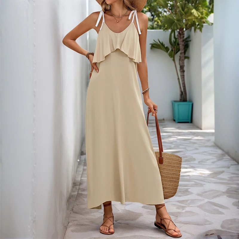 

Women's Khaki Spaghetti Strap Ruffled Layered Maxi Dress Summer Vacation Casual Party Fashion Loose Fit