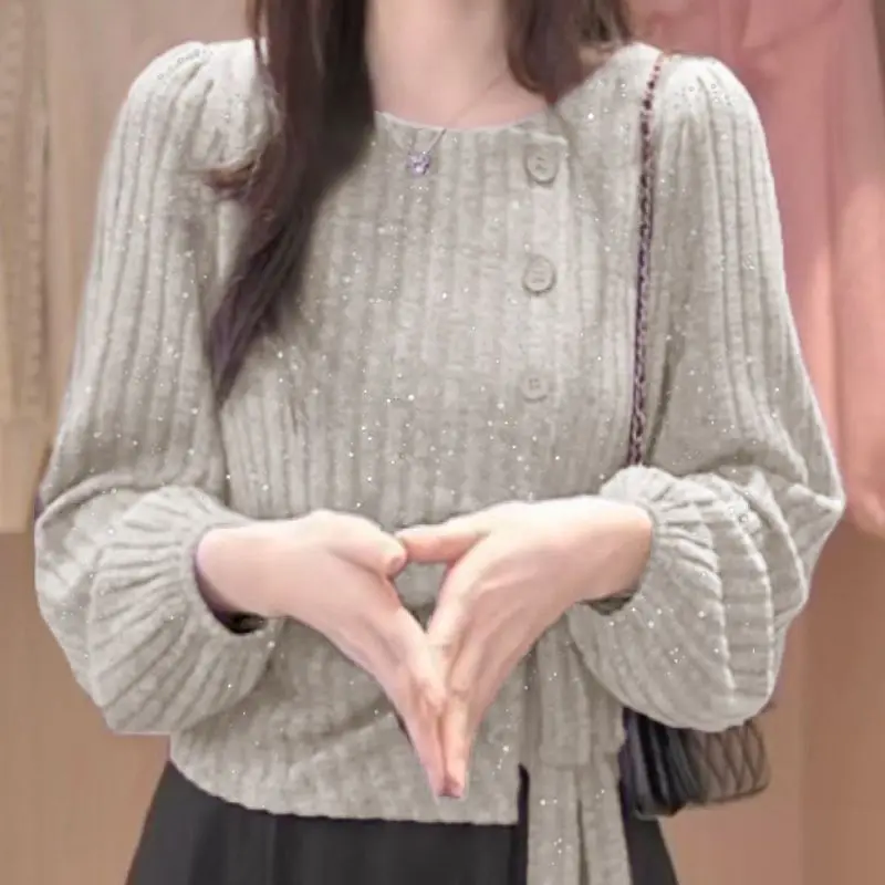 

Новый женский свитер-пуловер в стиле французской моды, осенне-зимний, с круглым вырезом, асимметричным низом и шнуровкой, тёплый, в западном стиле