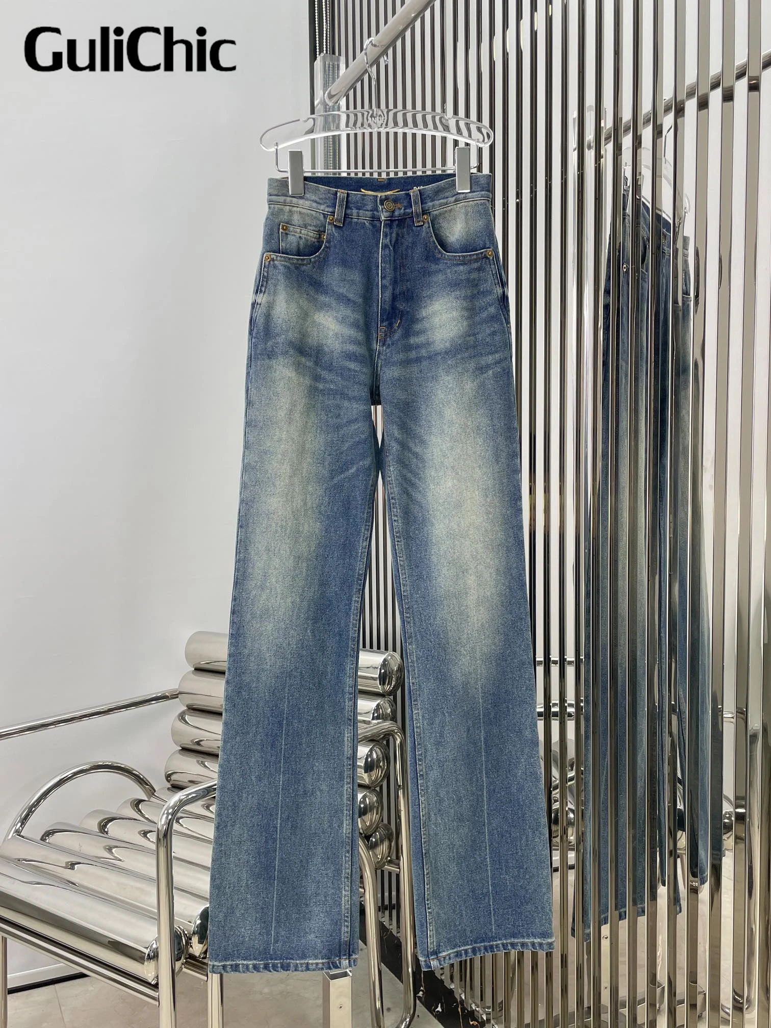 6.2 Gulichic Women Fashion Office Lady Gewassen Distressed Denim Katoenen Rechte Wijd Uitlopende Jeans Zonder Riem