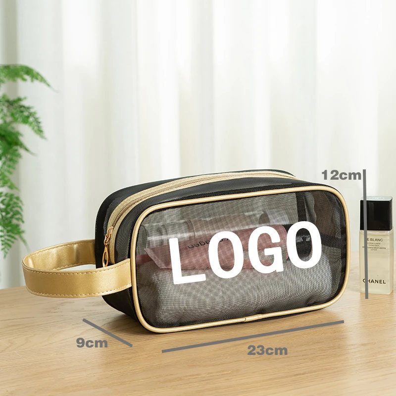 Customized personal logo Black mesh women's cosmetic bag Bath product organizer Fashion cosmetics storage bag Fashion waterproof