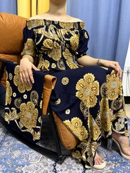 Abayas muçulmanas para mulheres, vestidos de noite com turbante, robe solto, turbante com estampa floral, pescoço de barco, festa africana, moda, 2023