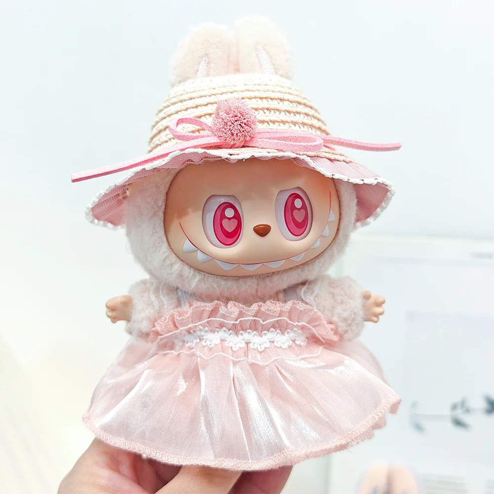 

For Labubu V1 V2 Matching Clothing Gift with Ear Drop Straw Hat for Mini Doll Clothing Accessories