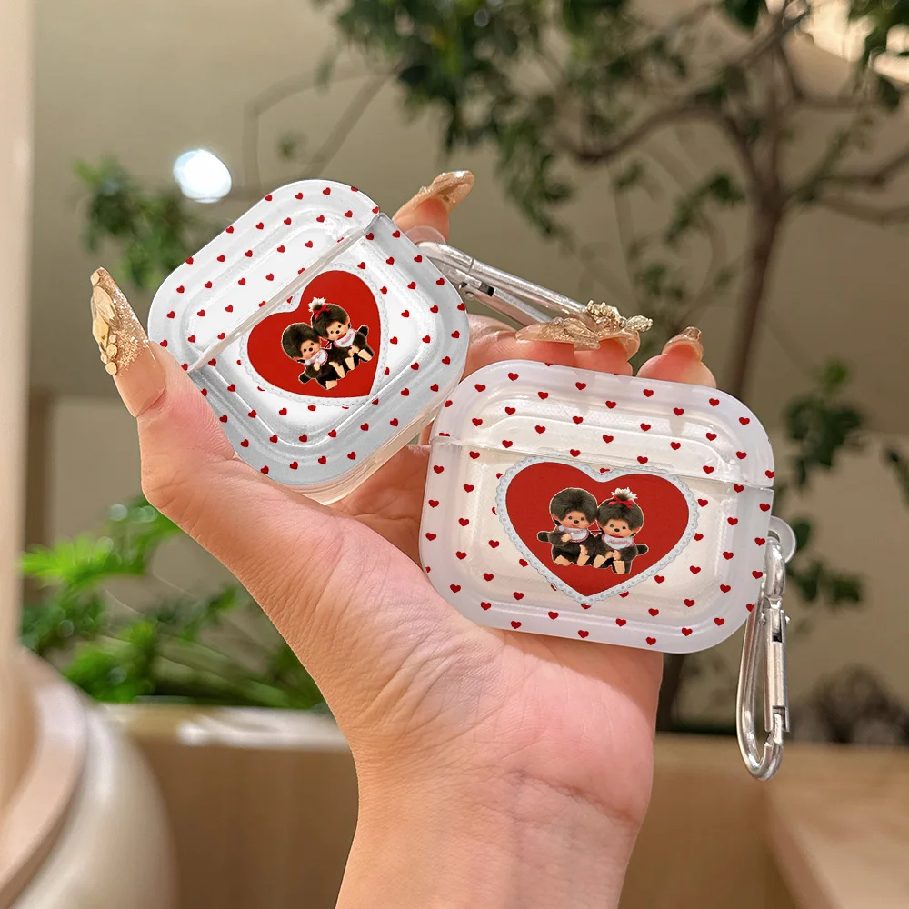 Étui en silicone translucide rouge à pois M-Monchhichi pour Airpods 4 3 Pro 2 1, housse de protection pour écouteurs sans fil Pro2