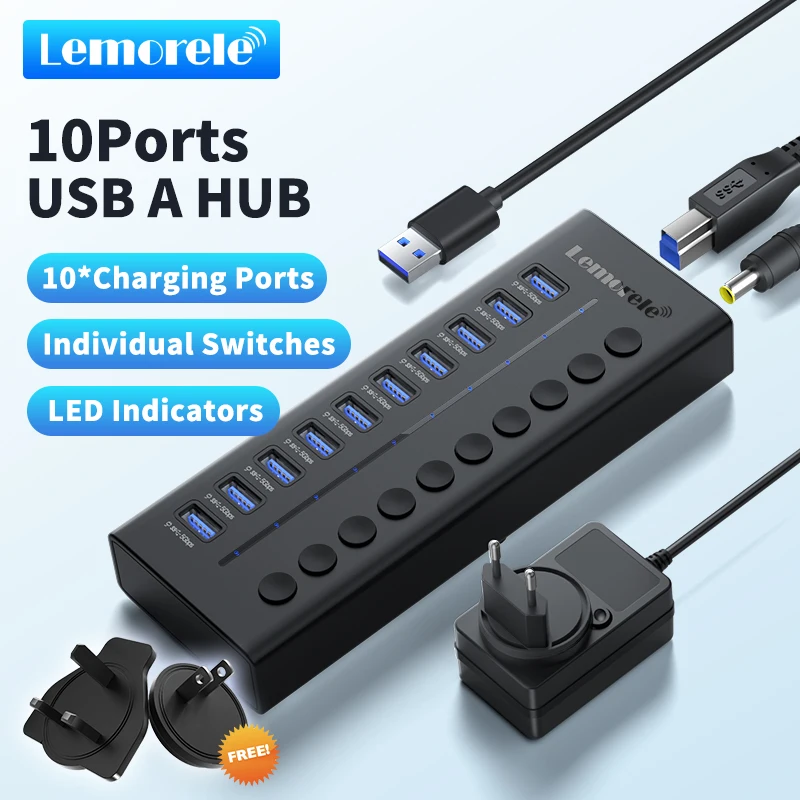 Lemorele TC119 10 Ports USB C HUB Adapter USB 3.0 5Gbps Transmission Type C HUB Docking Station for MacBook Laptop PC and phone
