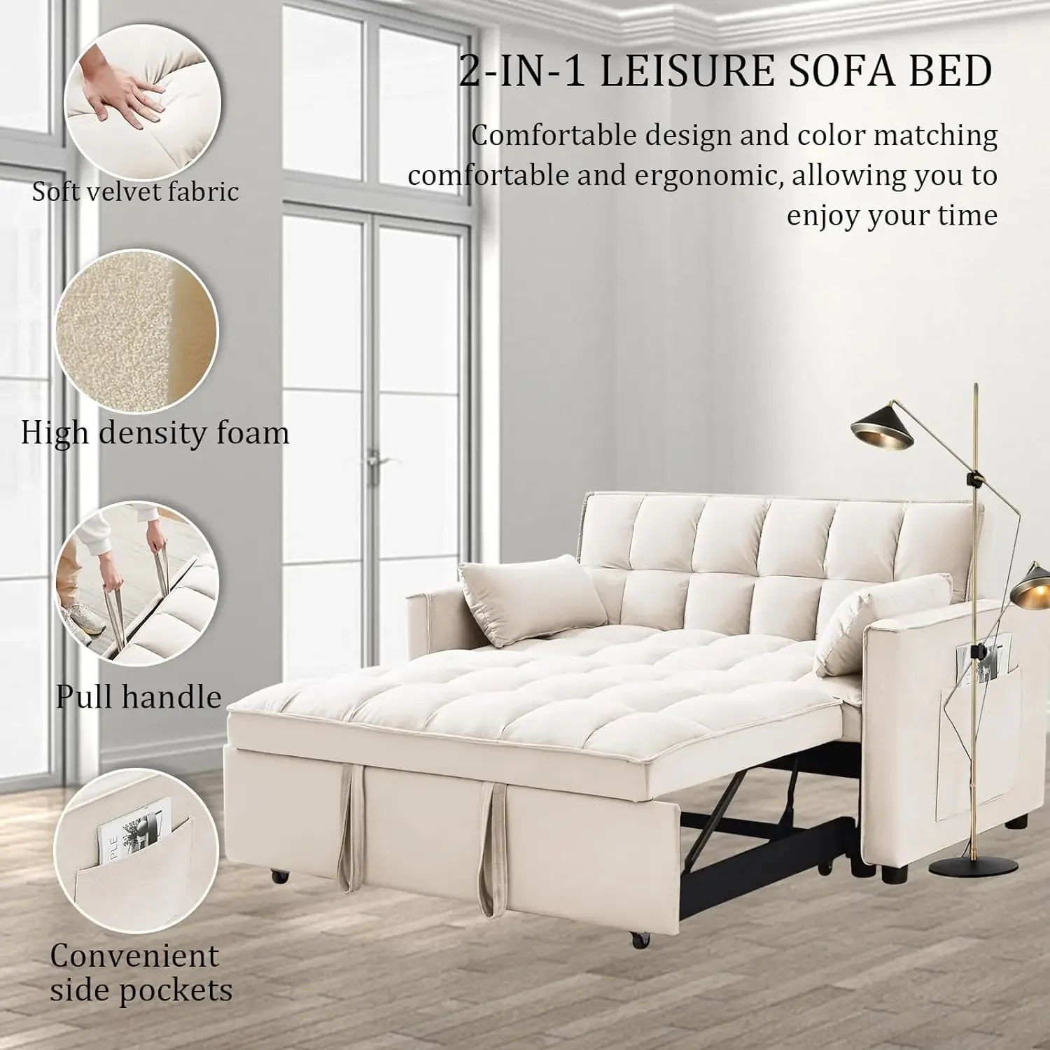 Sofá-cama conversível com encosto ajustável, sofá cama, bolsos de armazenamento, travesseiros Toss para sala de estar, 3 em 1