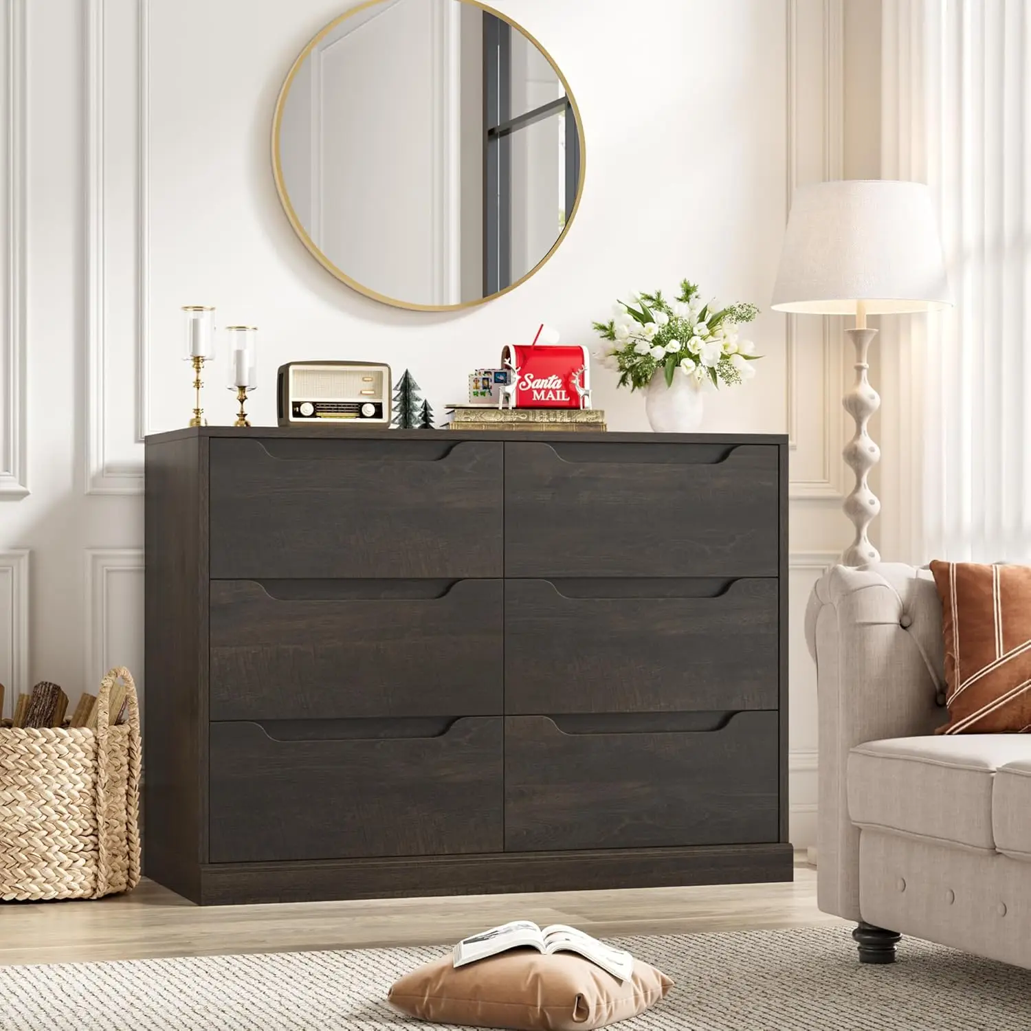 Modern 6 Drawer Dresser for Bedroom, Double Chest of Drawers with Storage, Large Wooden Storage Dresser Organizer with C