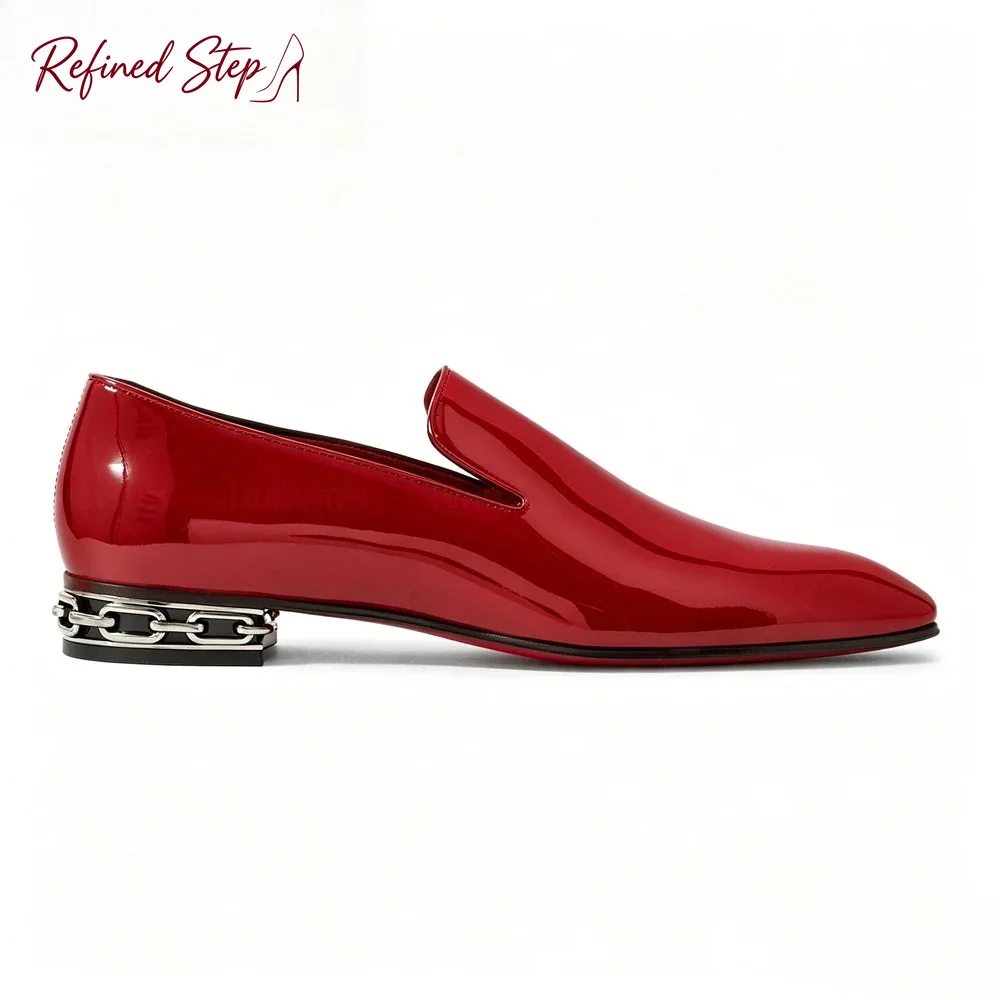 Chain Detail Heel Loafers Almond Toe Patent PU Leather Dress Shoes Designer Style Handcrafted PU Leather Slip on Shoes for Men