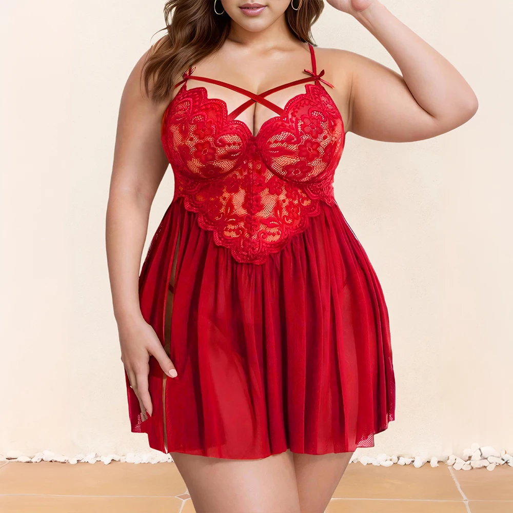 حجم كبير المرأة مثير الدانتيل تقسم Strappy فستان النوم السيدات بيبي دول ملابس النوم ملابس النوم منامة Pjs حجم 1XL-5XL #4