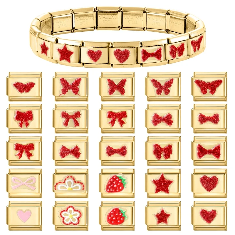 Y2k Bow Star Strawberry Sticker Italian Golden Charms Fit 9mm Stainless Steel Bracelets Women DIY Making Jewelry Gift Wholesale