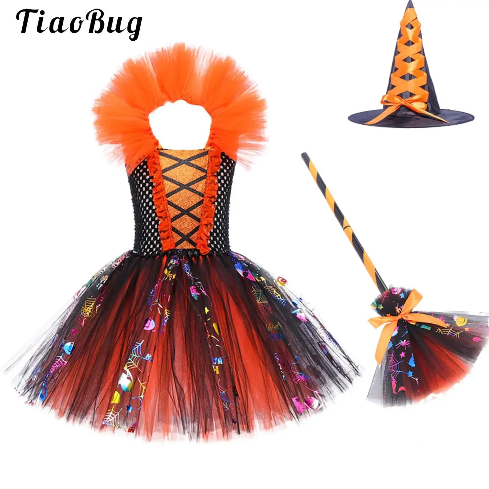 

Girls Halloween Witch Costume 3Pcs Halter Neck Mesh Tutu Dress with Witch Pointed Hat and Broom Carnival Cosplay Party Outfits