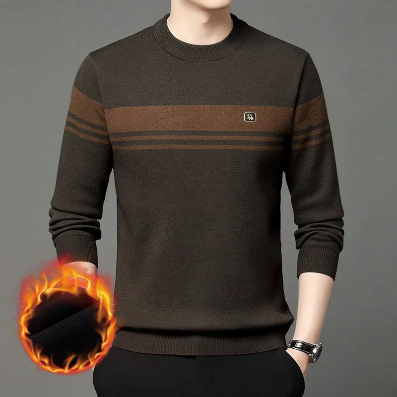 ฤดูใบไม้ร่วงฤดูหนาว Thicken WARM ถักเสื้อกันหนาวผู้ชาย Retro Casual ลายถัก Jacquard Pullovers รอบคอเสื้อถักเสื้อ Streetwear
