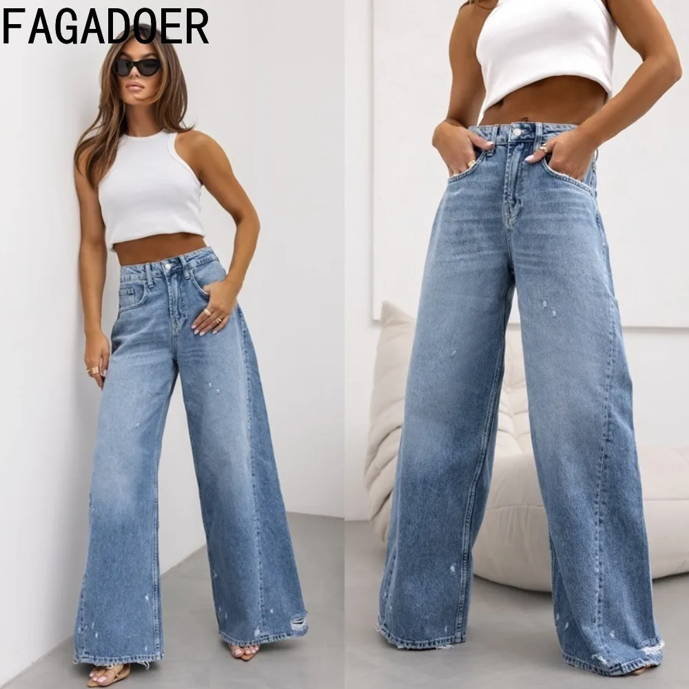 

FAGADOER Blue Fashion Loose Wide Leg Jeans Pants Women High Waisted Button Pocket Denim Trousers Casual Female Cowboy Bottoms