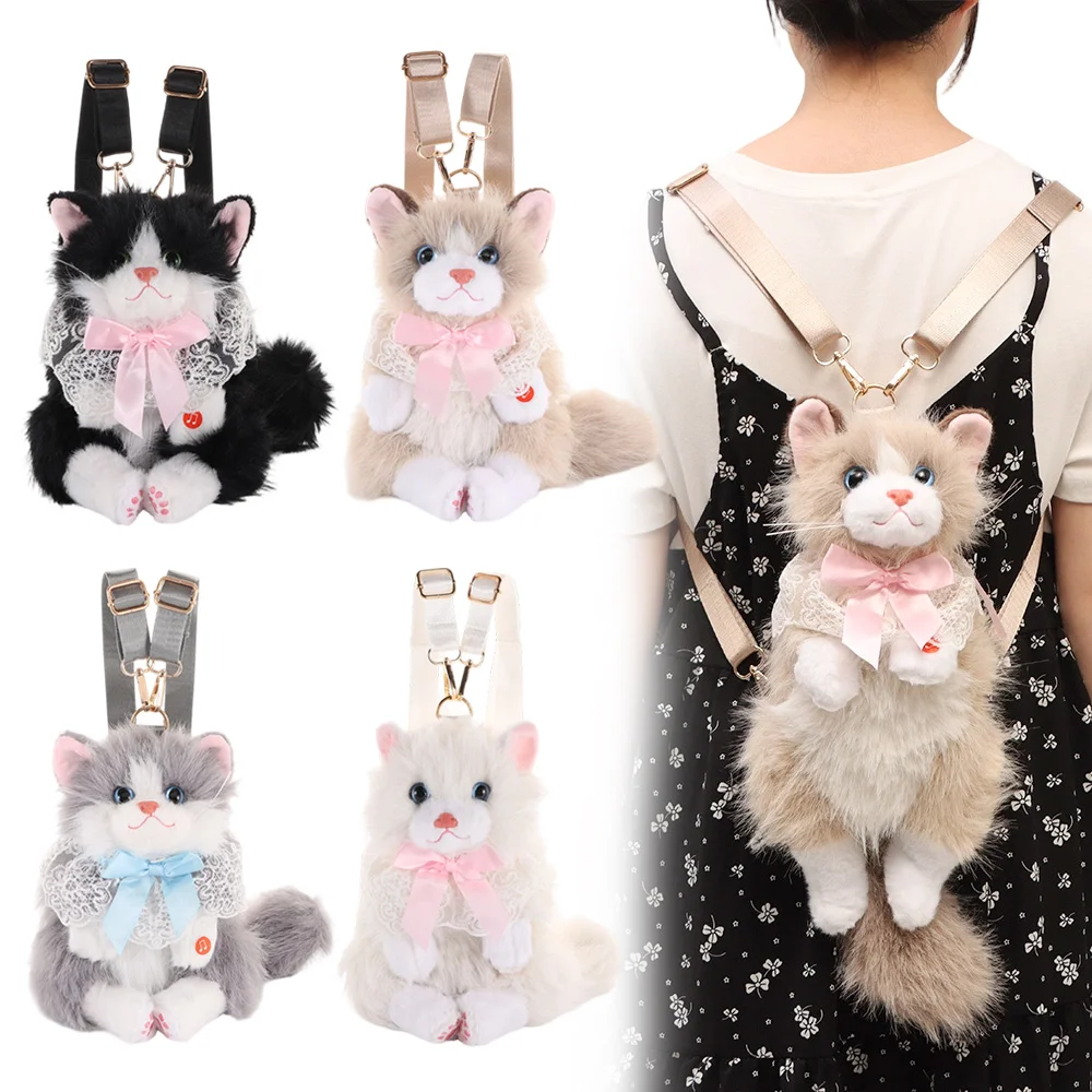 New Realistic Cat Simulated Puppet Cat Backpack Soft Fluffy Cute Cartoon Cat Backpack Shoulder Bag Travel Storage