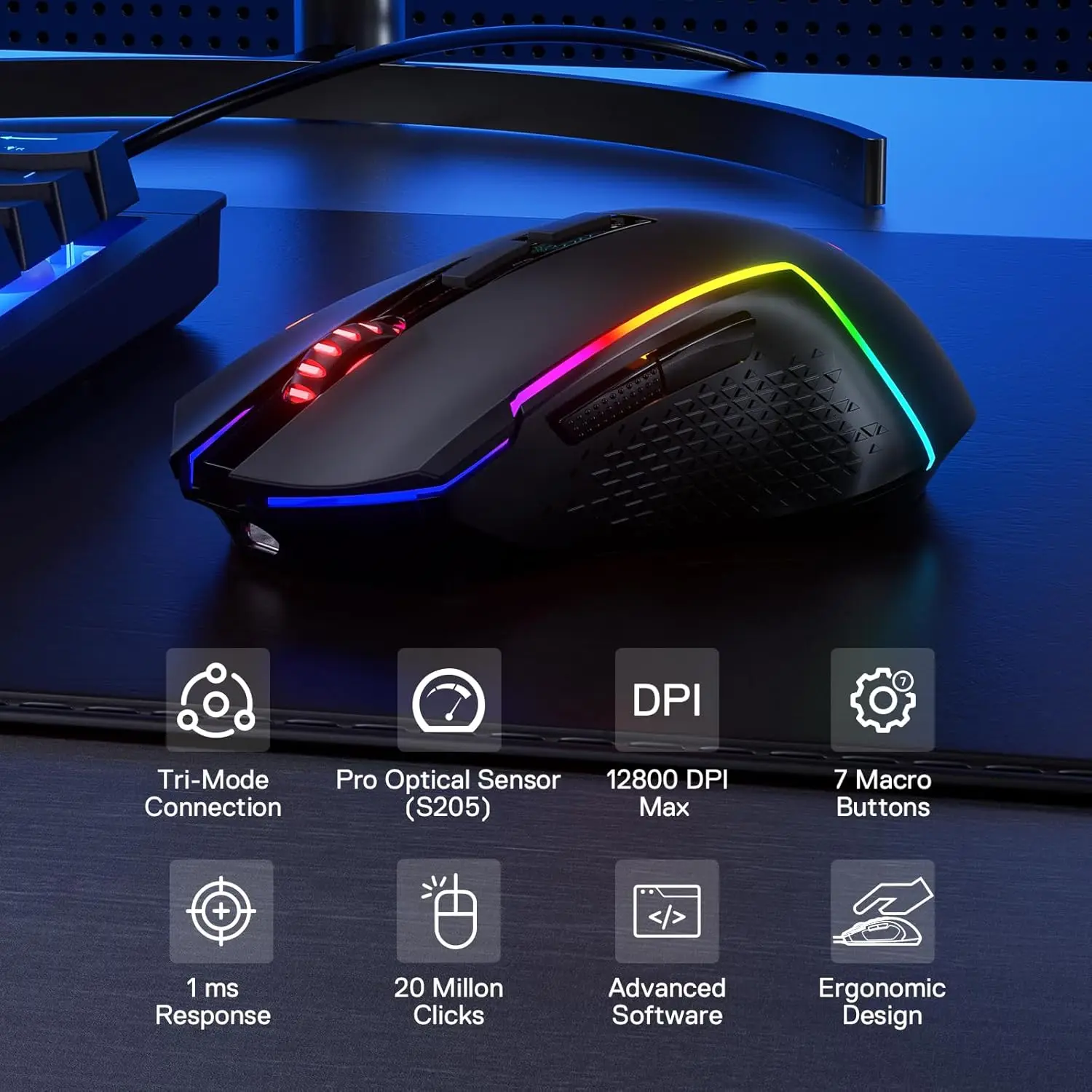 Redragon M693 LIT Wireless Gaming Mouse, 12800 DPI Mice w/ 3-Mode Connection, BT & 2.4G Wireless, 7 Macro Buttons