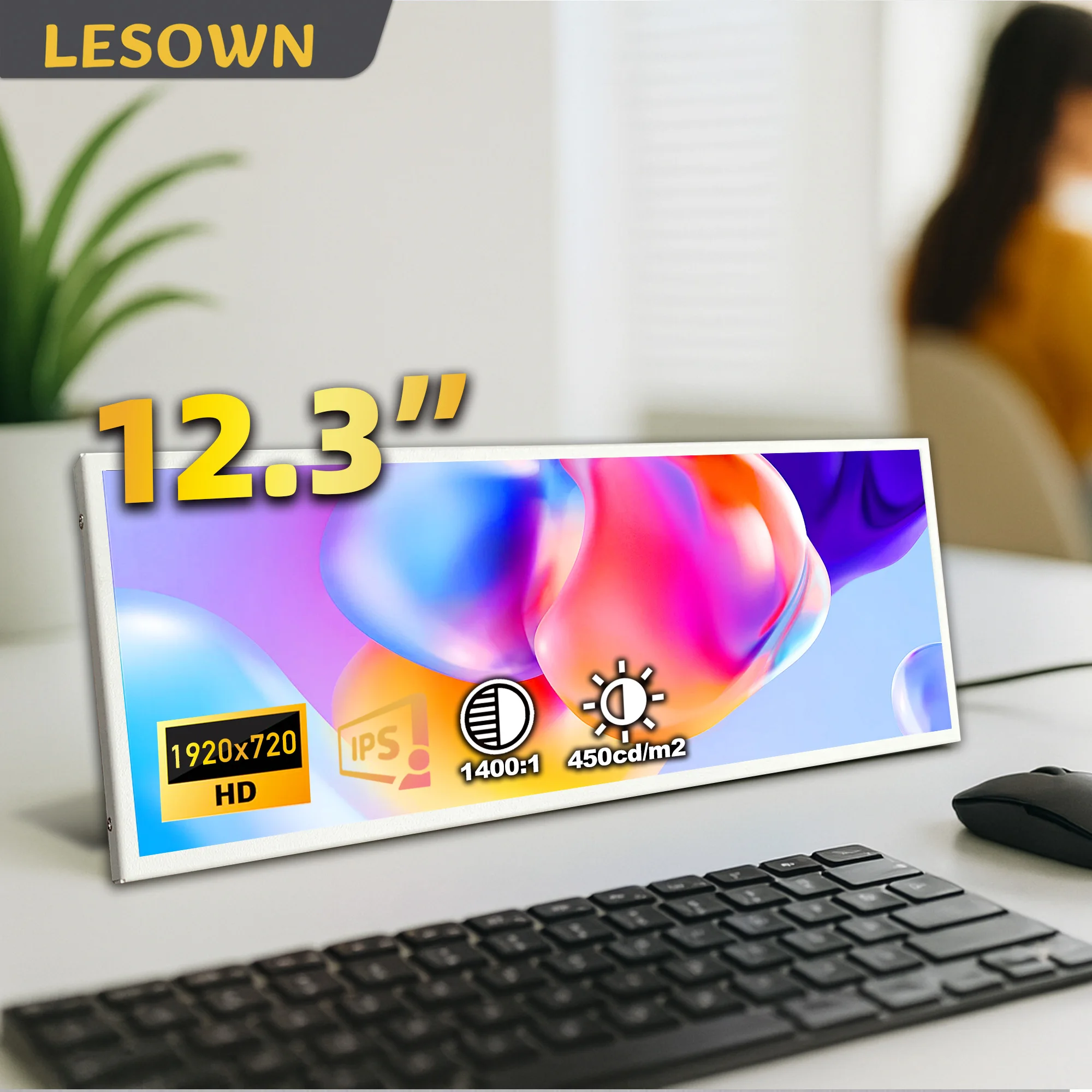 

LESOWN 12,3-дюймовый сверхширокий портативный барный дисплей 1920x720 IPS ЖК-дисплей, растянутый горизонтальный монитор для портативных ПК, игровой дополнительный экран