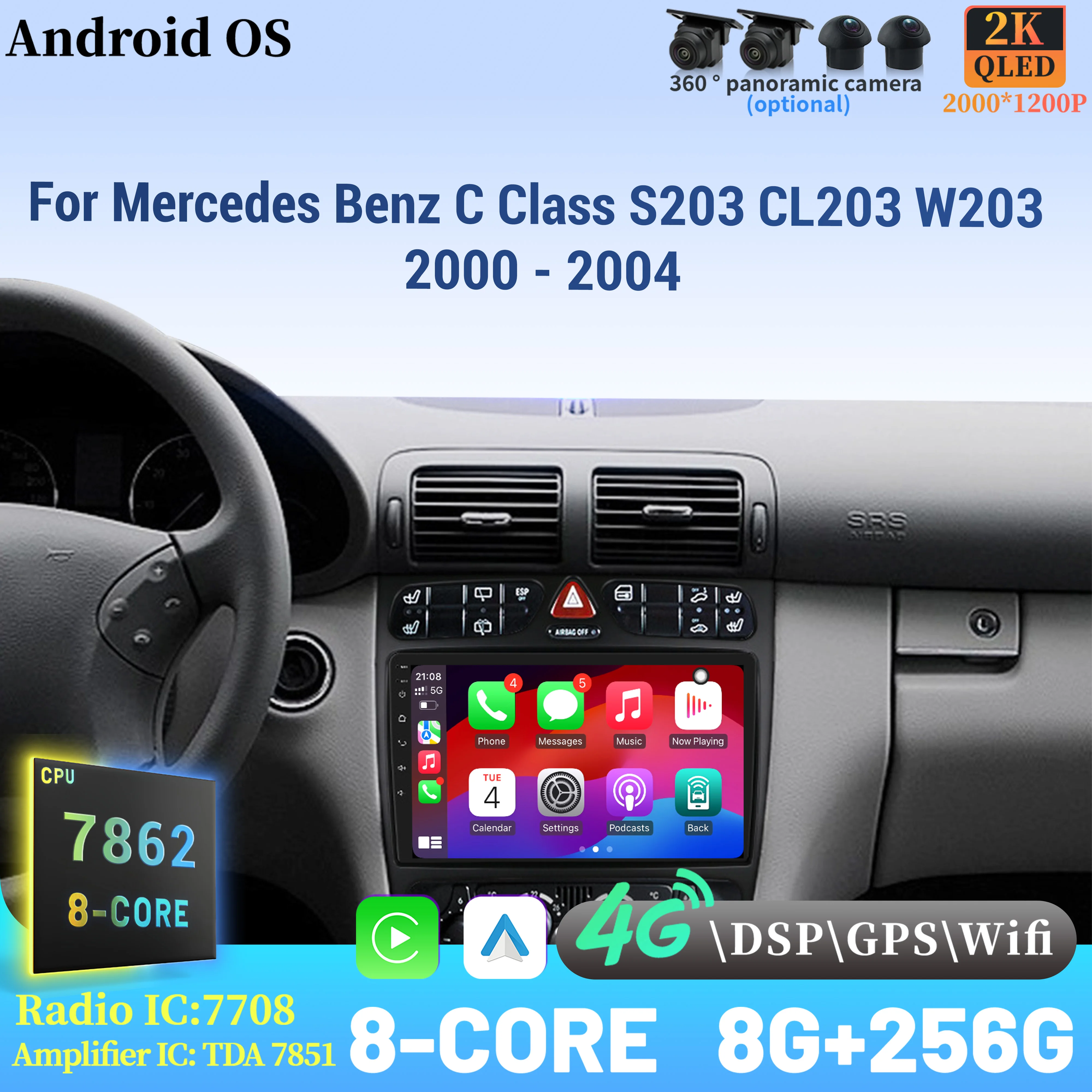 

Android 14 Radio Car Multimedia Player Touch Screen For Mercedes Benz C Class S203 CL203 W203 2000 - 2004 Wireless BT CarPlay