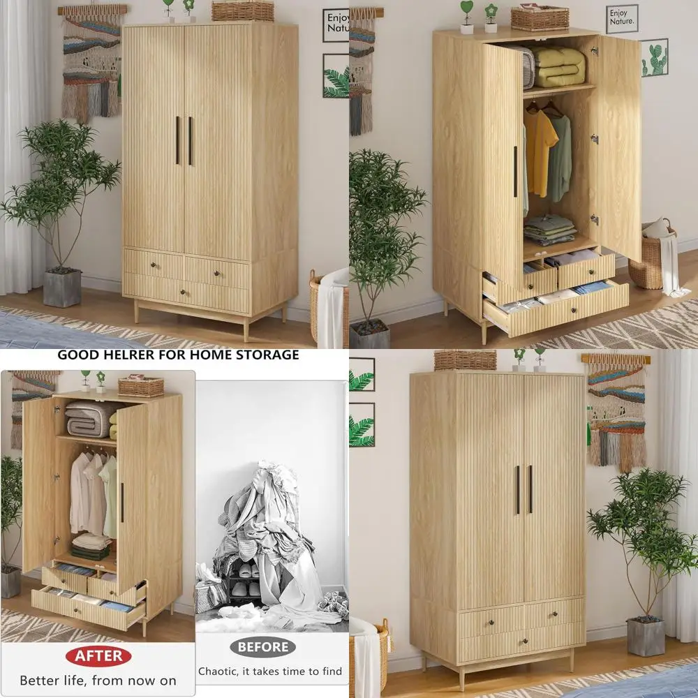 

3-дверный шкаф из натурального дерева 64,96 с подвесным стержнем и полками, отдельно стоящий шкаф для хранения в спальне