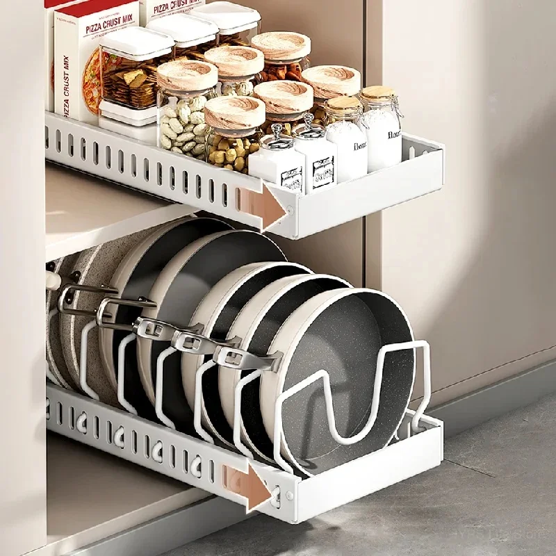 Pull Out Kitchen Cookware Storage Tray, Under Cabinet Sliding Pan Organizer with 8 Adjustable Dividers for Pot Lids