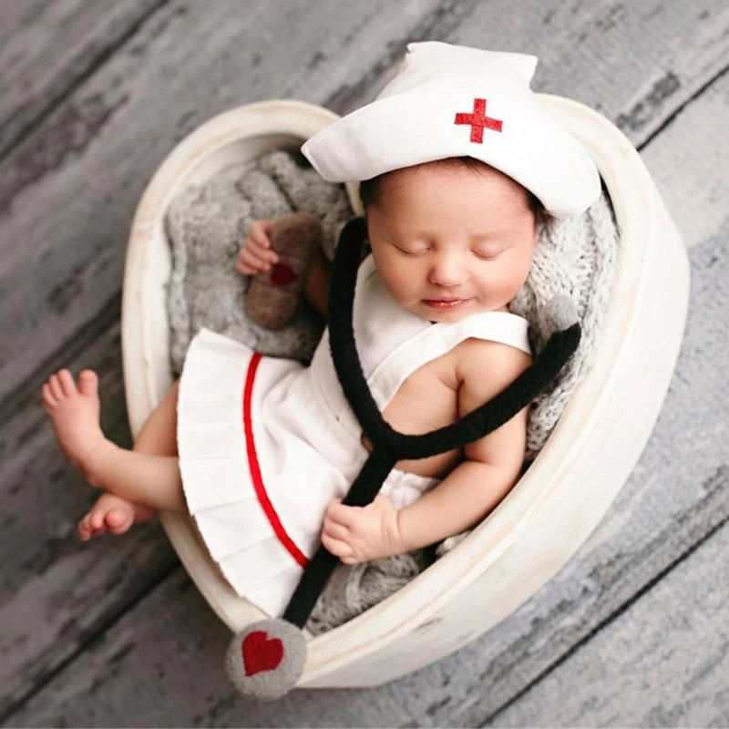 Newborn Nurse Costume Hat Clothing Set Photo Shooting Clothes Photo Props 0-12M Baby Photography Outfit Baby Shower Gift P31B