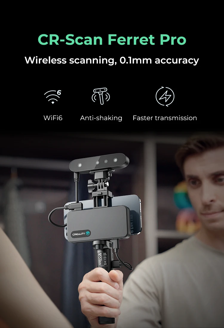ماسح ضوئي Creality CR-Scan Ferret Pro ثلاثي الأبعاد 0.1 مم 24 بت مسح بالألوان الكاملة تتبع Canti-shake WiFi6 مسح لاسلكي سهل الاستخدام
